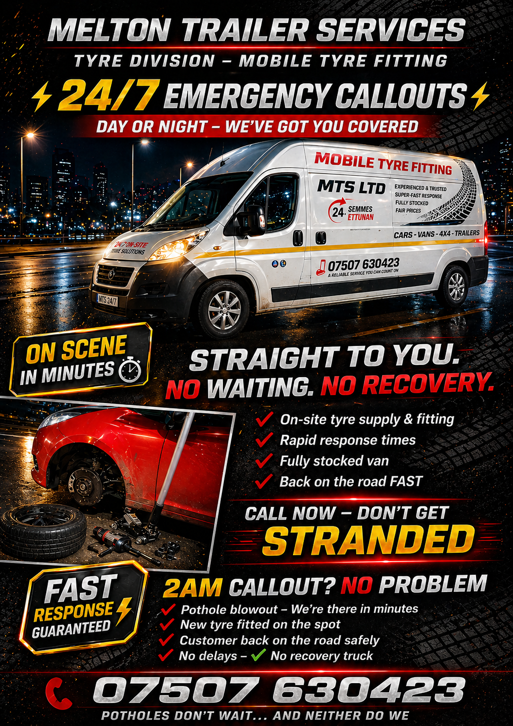 Melton Tyre Services emergency mobile tyre fitting poster